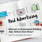 Notebook with drawings of email, video, ROI chart and text "Paid Advertising" for Google Ads bidding comparison.