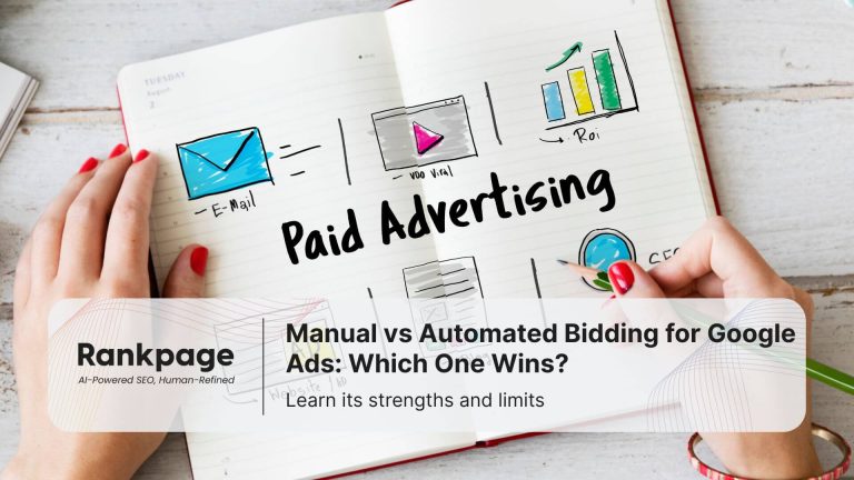 Notebook with drawings of email, video, ROI chart and text "Paid Advertising" for Google Ads bidding comparison.