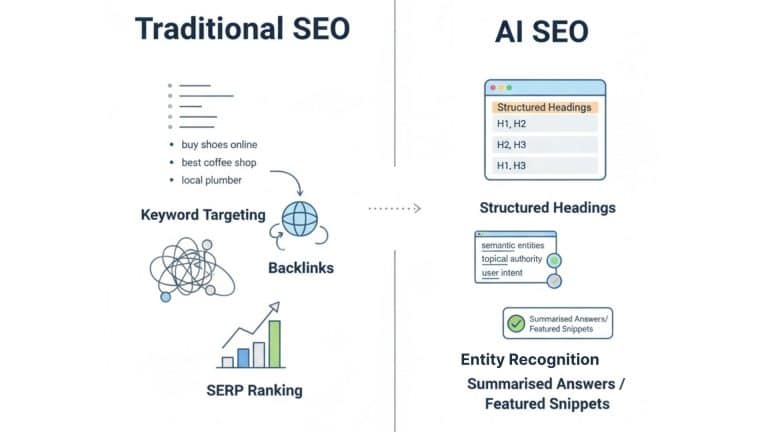 Visual comparison between traditional SEO ranking and AI SEO answer extraction
